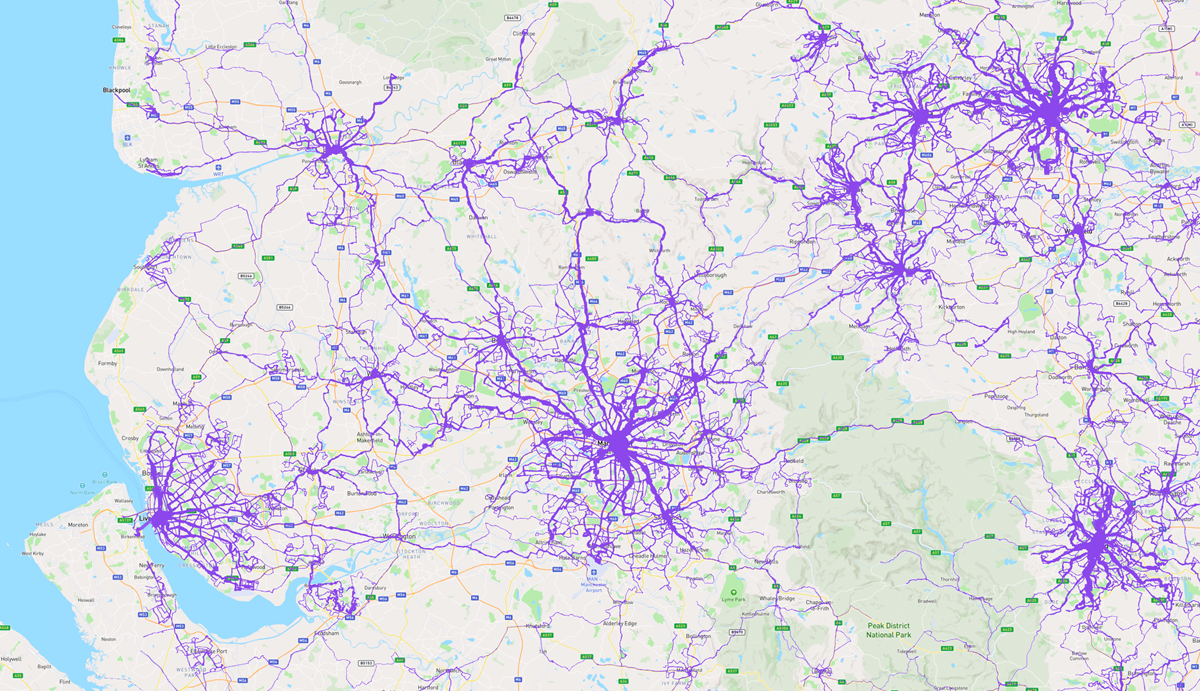 Map of Northern England's bus frequency for an hour